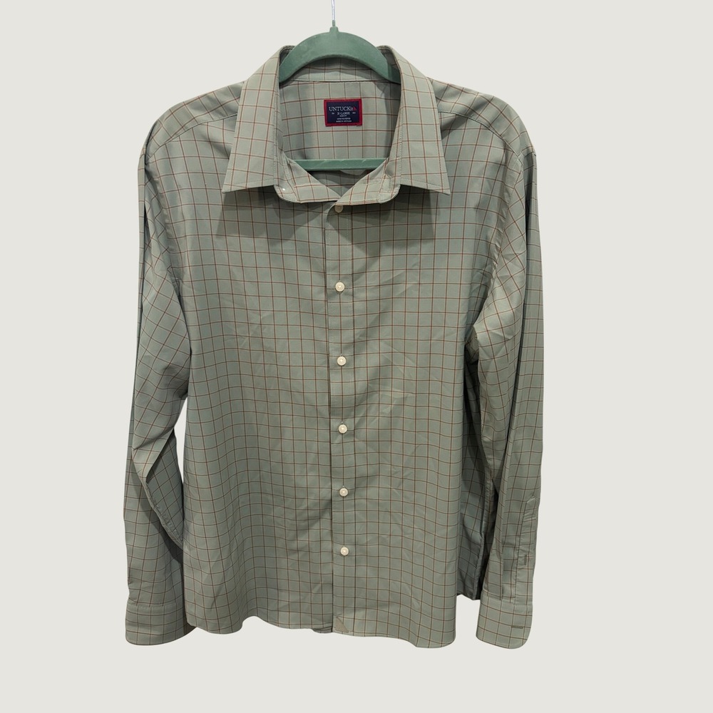 UNTUCKit Mens XL Slim Fit Sage‎ Green Rust Windowpane Check Long Sleeve Shirt